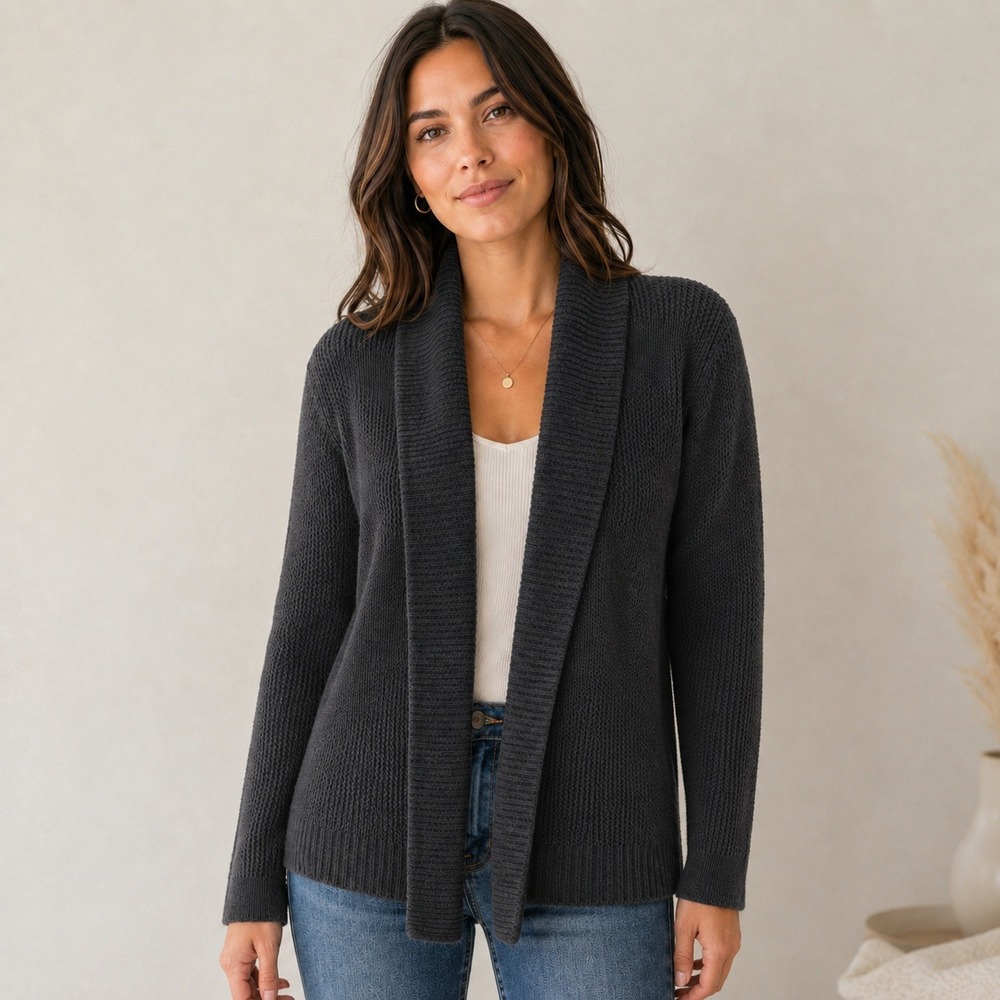 Loft Charcoal Grey Black Shawl Collar Open Front Knit Cardigan Layer Office S